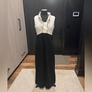 Vintage Black Ivory Maxi Dress Size 14 Ruffle Collar Sleeveless Boho